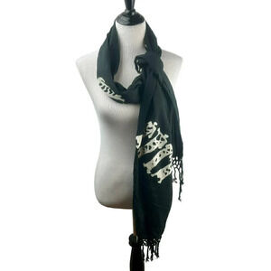 Ramin Rectangle Scarf Tribal Batik Pattern Knot Fringe Black White Art to Wear